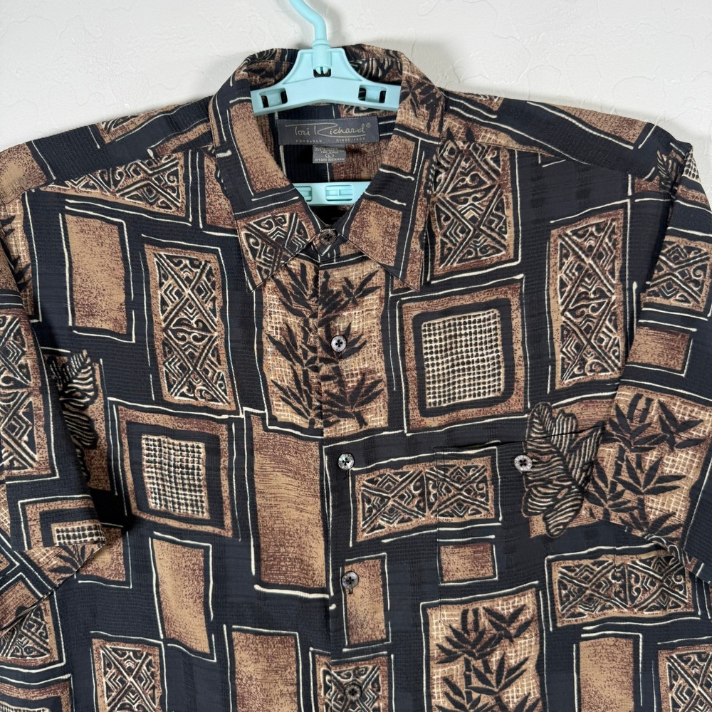 Tori Richard Shirt Mens Large Black Brown Hawaiian Camp Silk Blend Floral Beach
